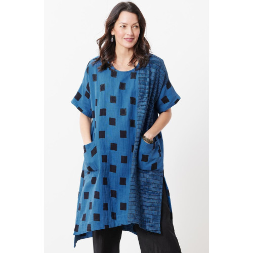 Bhadra Cotton Double Gauze Side Slit Tunic - Marine/Black