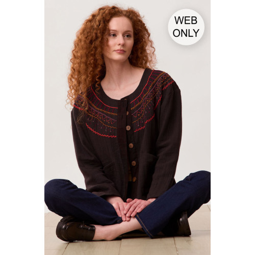 Amyra Cotton Double Gauze Embroidered Top - Black/Multi