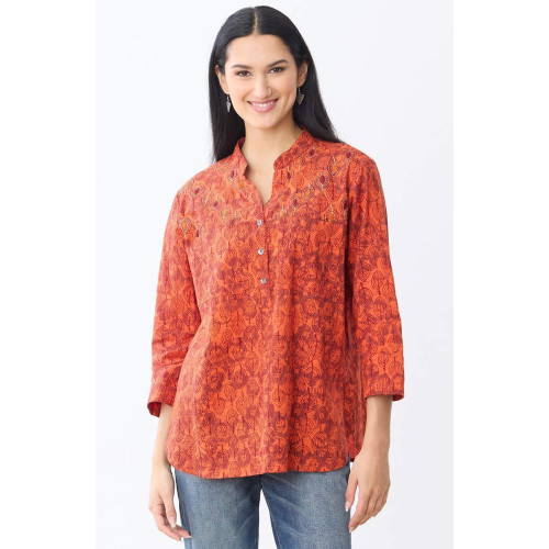 Chinam Band Collar Henley Shirt - Flame Chinam Band Collar Henley Shirt - Flame