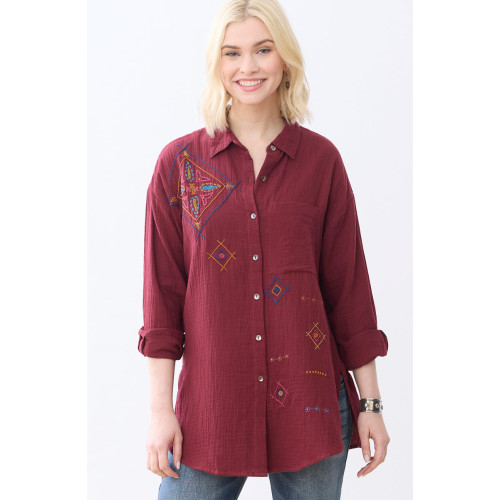 Savani Double Gauze Embroidered Shirt - Radicchio Savani Double Gauze Embroidered Shirt - Radicchio