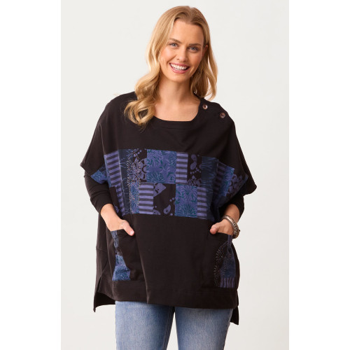 Rhea Organic Cotton French Terry Poncho - Black/Multi/Chindi Rhea Organic Cotton French Terry Poncho - Black/Multi/Chindi